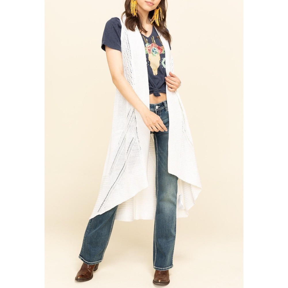 Ariat Reba Sweater Vest Womens L White Open Knit‎ Duster Long Western Boho Rodeo